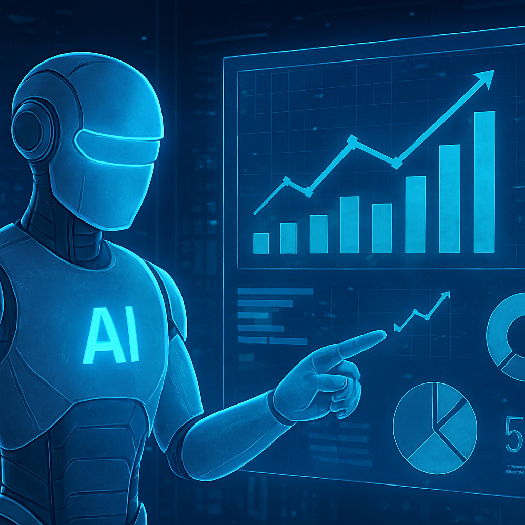 AI robot analyzing market data on holographic screen